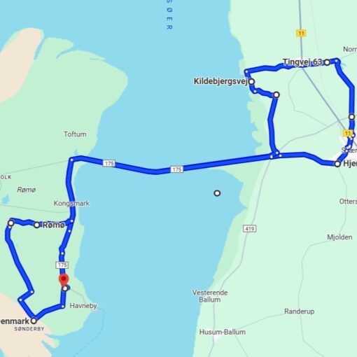 Kort over cykelrute på Rømø og Sønderjylland