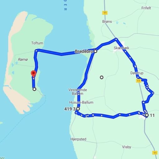 Kort over cykelrute på Rømø og Sønderjylland