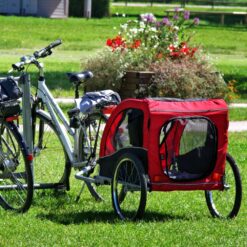 Rød cykeltrailer bag på en hvid damecykel står på en grøn græsplæne.