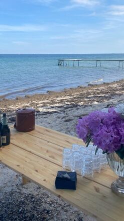 Et solidt træbord er sat op på stranden med drikkevarer og frisk afskårne blomster. Havet og en badebro ses i baggrunden. Afventer gæster til et firmaevent.