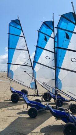 Tre strandsurfere står på stranden. Himlen er blå og det er sommer. Afventer gæster til et firmaevent.