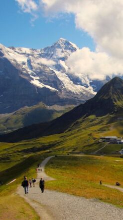 To mennesker vandrer på en grussti med et sneklædt Jungfrau bjerg i baggrunden. På firmarejse til Interlaken, Schweitz.