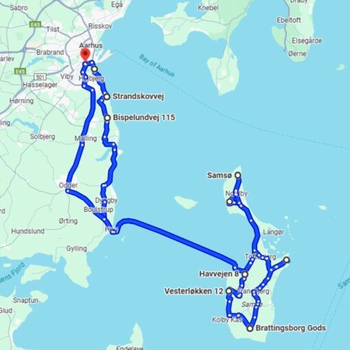 Kort over rute fra Aarhus til Samsø