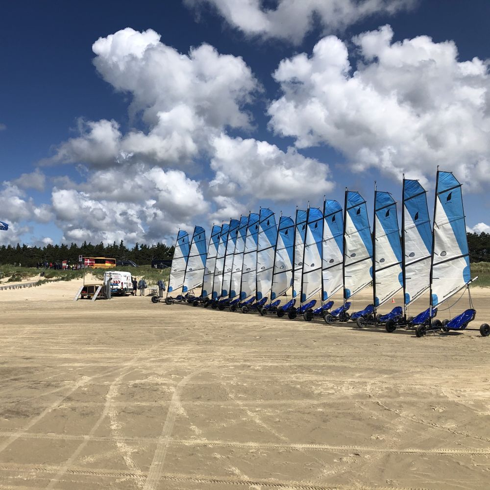Strandsurfere på rad og række klar til gæster. Prøv strandsurfing på Rømø til jeres næste event - det er helt sikkert og trygt for alle.